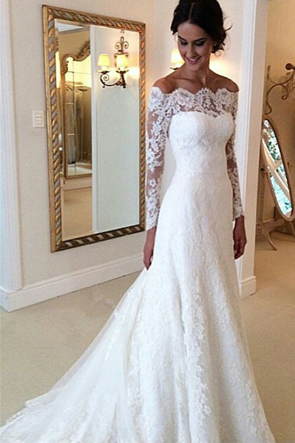 Rug tragt til stede Ivory Vintage Long Sleeves Wedding Dresses,Off Shoulder Bridal Gown –  Promnova