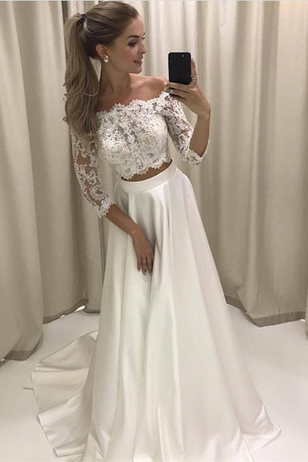 Lace Sleeved Two Piece Wedding Dresses,Boho Style Beach Bridal Gown –  Promnova