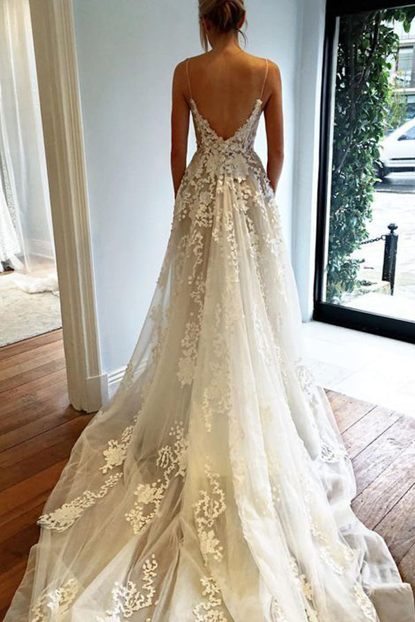 Open Back Wedding Dresses,V-neck Cap Sleeves Sweep Train Bridal Gowns –  Promnova