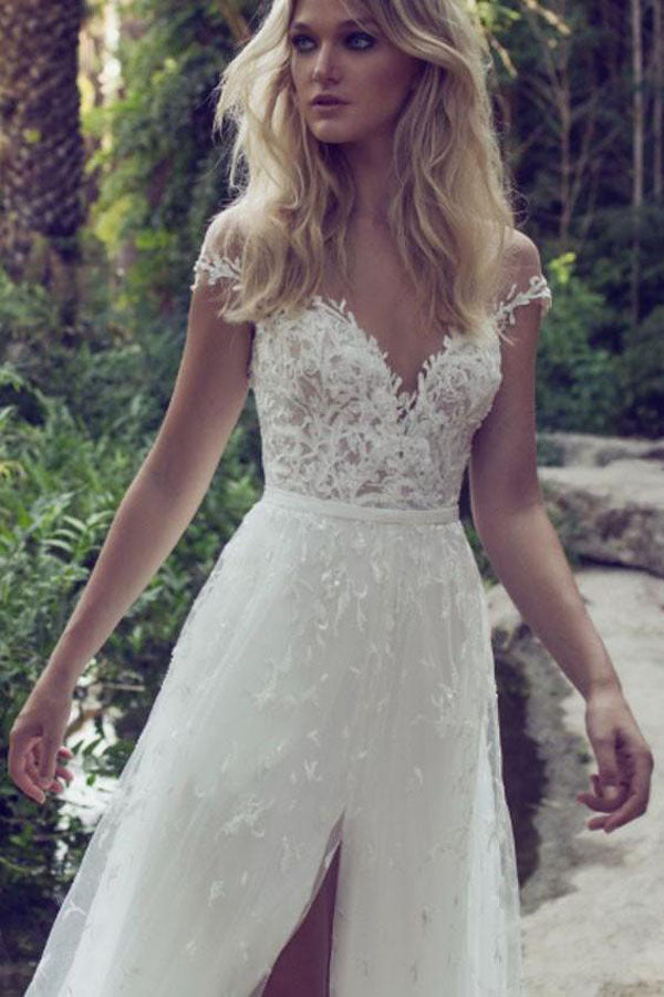 Lace Sleeved Two Piece Wedding Dresses,Boho Style Beach Bridal Gown –  Promnova