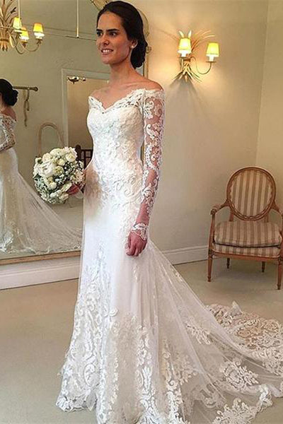 Lace V Neck Long Sleeve Sweep Train Wedding Dress With Appliques Promnova 