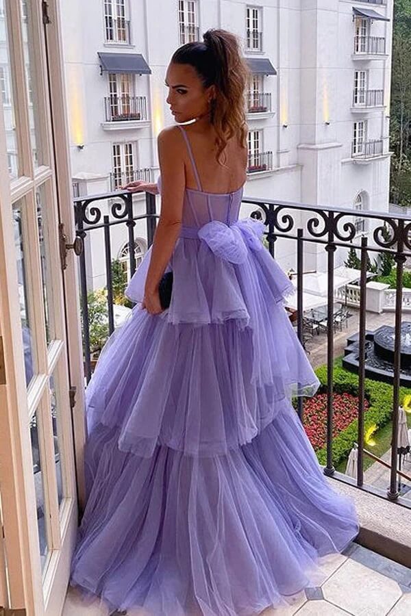 Plunging V-neck Lilac Lace Tulle Tiered Split Prom Dress - Promfy