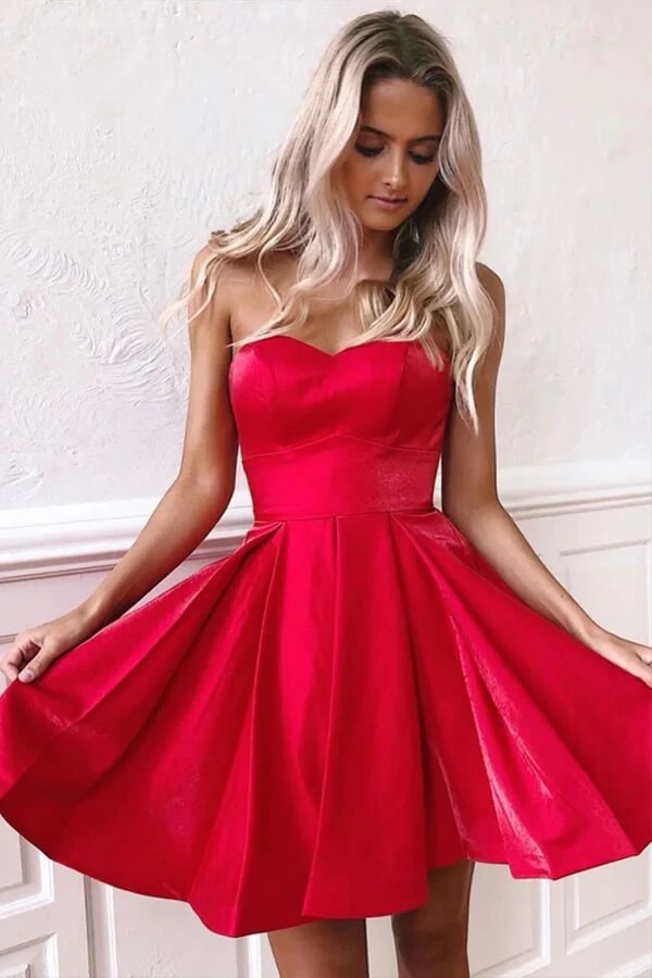 Red Satin A Line Spaghetti Straps Homecoming Dresses, Short Prom Dresses,  PH390