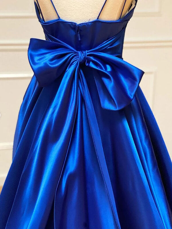 Royal Blue Satin A-line Spaghetti Straps Prom Dresses PL447