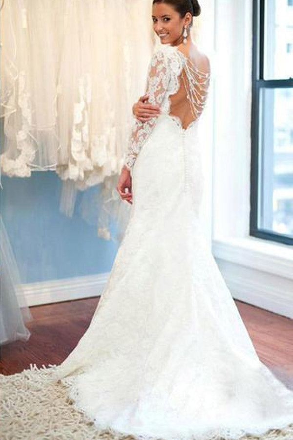Lace Wedding Dress, Long Sleeve Wedding Dress, Mermaid Wedding Dress, Open  Back Lace Dress, Backless Wedding Dress, Lace Wedding Gown 