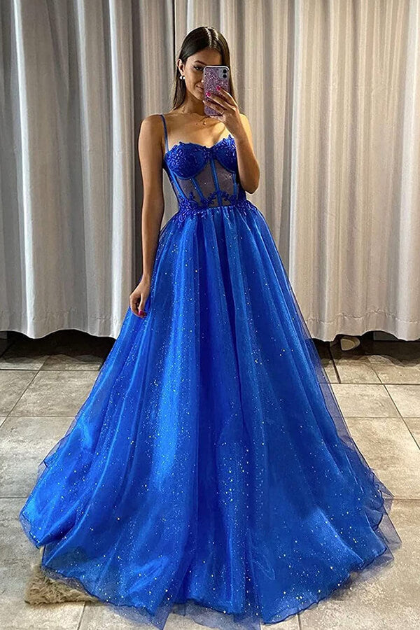 Blue Tulle A-line V-neck Beaded Long Prom Dresses MP652 | Musebridals