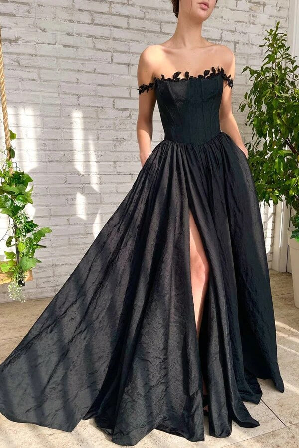 Slim Black Long Prom Dress High Slit Side
