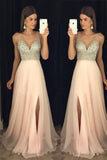 Sexy Open Back V Neck Beaded Chiffon Long Prom Dresses With Leg Slit PL344| promnova.com