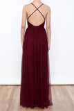 Sexy Backless Burgundy Tulle Deep V Neck  High Slit Prom Dress Evening Dress PL345 |www.promnova.com