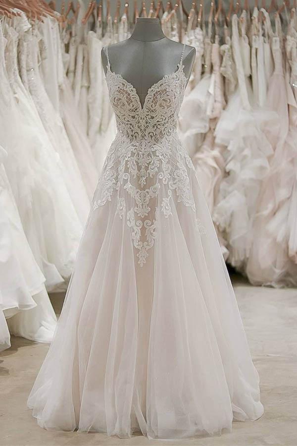 A Line Open Back Lace Bodice Beach Wedding Dresses Bridal Dresses – Promnova